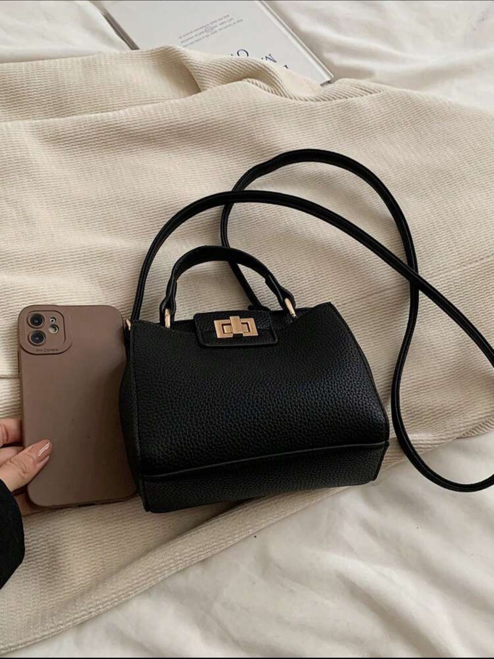 Black Pebbled Leather Top-Handle Crossbody Mini Bag - Picture 10 of 10